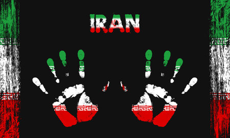 Vector flag of Iran in the form of peaceful palms with text and brush strokes on a black background.のイラスト素材