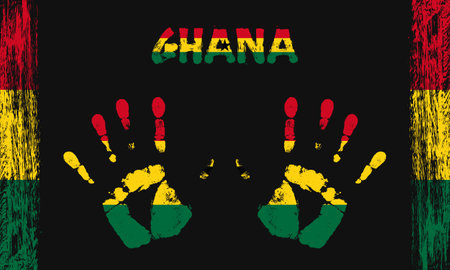 Vector flag of Ghana in the form of peaceful palms with text and brush strokes on a black background.のイラスト素材