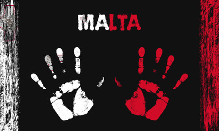 Vector flag of Malta in the form of peaceful palms with text and brush strokes on a black background.のイラスト素材