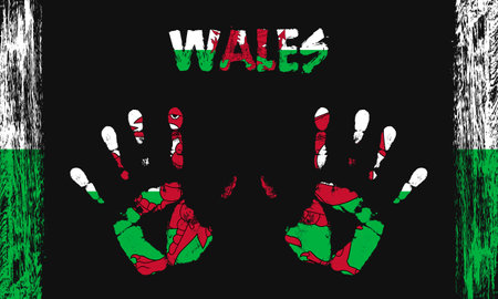 Vector flag of Wales in the form of peaceful palms with text and brush strokes on a black background.のイラスト素材