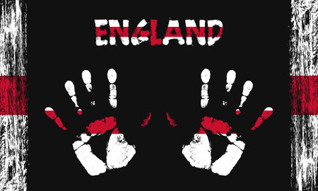 Vector flag of England in the form of peaceful palms with text and brush strokes on a black background.のイラスト素材