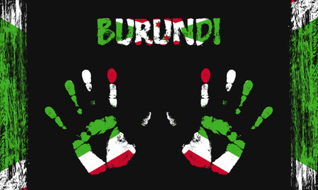 Vector flag of Burundi in the form of peaceful palms with text and brush strokes on a black background.のイラスト素材