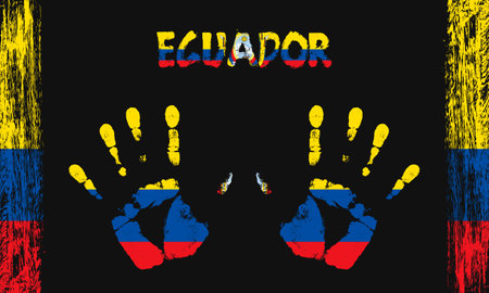 Vector flag of Ecuador in the form of peaceful palms with text and brush strokes on a black background.のイラスト素材
