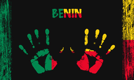 Vector flag of Benin in the form of peaceful palms with text and brush strokes on a black background.のイラスト素材