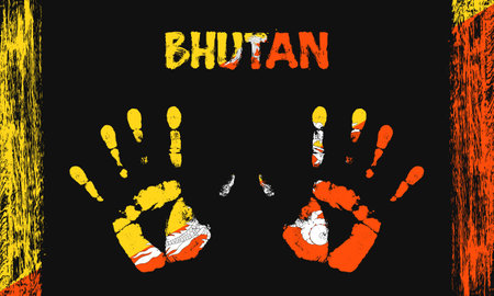 Vector flag of Bhutan in the form of peaceful palms with text and brush strokes on a black background.のイラスト素材