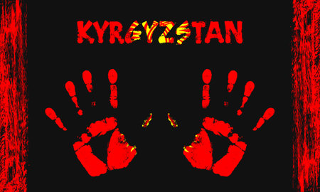 Vector flag of Kyrgyzstan in the form of peaceful palms with text and brush strokes on a black background.のイラスト素材