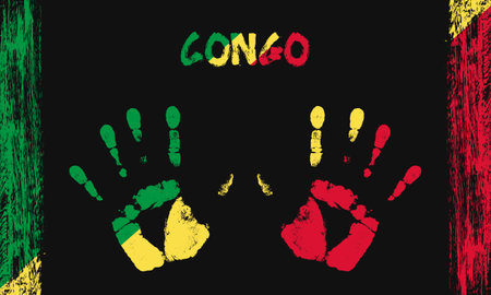 Vector flag of Congo in the form of peaceful palms with text and brush strokes on a black background.のイラスト素材