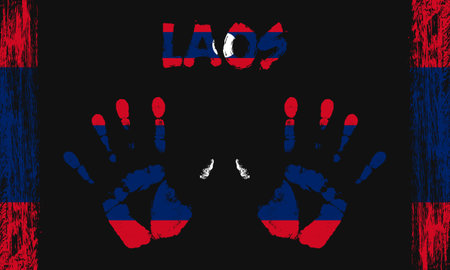 Vector flag of Laos in the form of peaceful palms with text and brush strokes on a black background.のイラスト素材