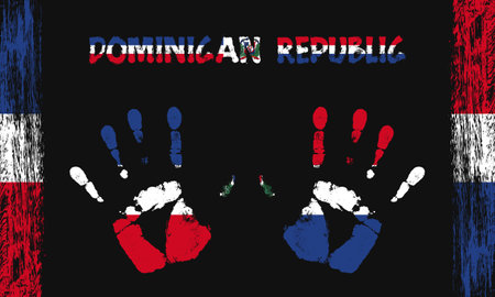 Vector flag of Dominican Republic in the form of peaceful palms with text and brush strokes on a black background.のイラスト素材