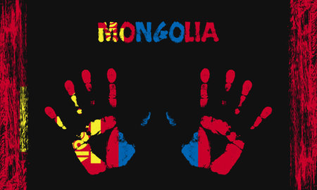 Vector flag of Mongolia in the form of peaceful palms with text and brush strokes on a black background.のイラスト素材