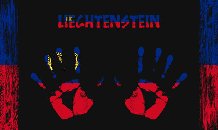 Vector flag of Liechtenstein in the form of peaceful palms with text and brush strokes on a black background.のイラスト素材