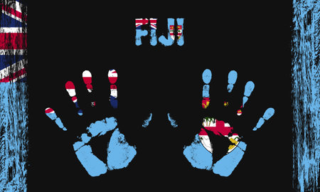 Vector flag of Fiji in the form of peaceful palms with text and brush strokes on a black background.のイラスト素材