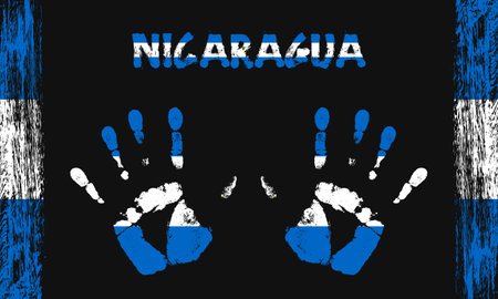 Vector flag of Nicaragua in the form of peaceful palms with text and brush strokes on a black background.のイラスト素材