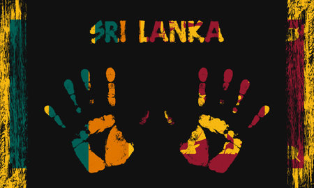 Vector flag of Sri Lanka in the form of peaceful palms with text and brush strokes on a black background.のイラスト素材