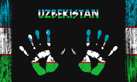 Vector flag of Uzbekistan in the form of peaceful palms with text and brush strokes on a black background.のイラスト素材