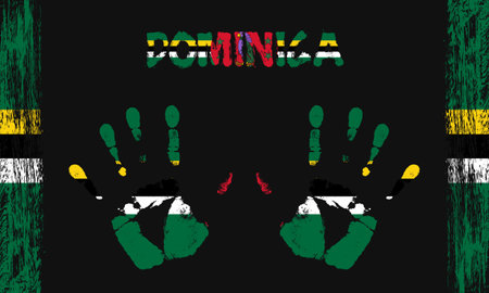 Vector flag of Dominica in the form of peaceful palms with text and brush strokes on a black background.のイラスト素材