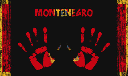 Vector flag of Montenegro in the form of peaceful palms with text and brush strokes on a black background.のイラスト素材