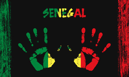 Vector flag of Senegal in the form of peaceful palms with text and brush strokes on a black background.のイラスト素材
