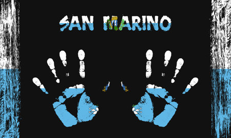 Vector flag of San Marino in the form of peaceful palms with text and brush strokes on a black background.のイラスト素材