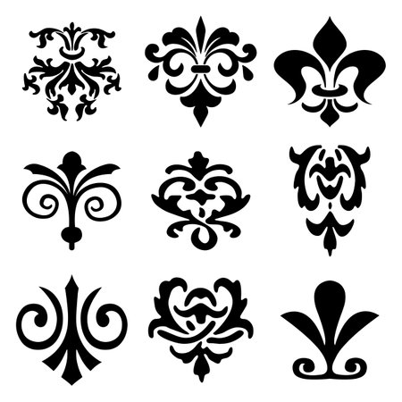 Vintage floral elements and motifs set in damask or arabesque style.のイラスト素材