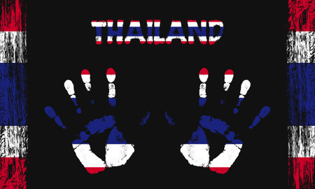 Vector flag of Thailand in the form of peaceful palms with text and brush strokes on a black background.のイラスト素材