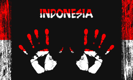 Vector flag of Indonesia in the form of peaceful palms with text and brush strokes on a black background.のイラスト素材