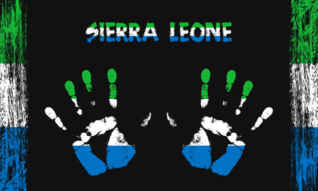 Vector flag of Sierra Leone in the form of peaceful palms with text and brush strokes on a black background.のイラスト素材