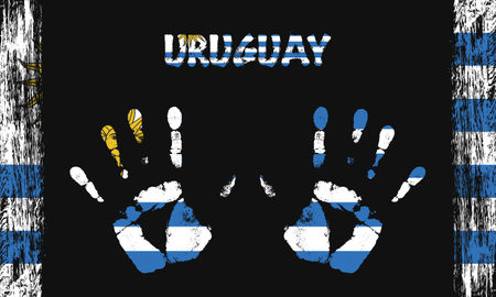 Vector flag of Uruguay in the form of peaceful palms with text and brush strokes on a black background.のイラスト素材