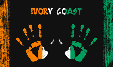 Vector flag of Ivory Coast in the form of peaceful palms with text and brush strokes on a black background.のイラスト素材