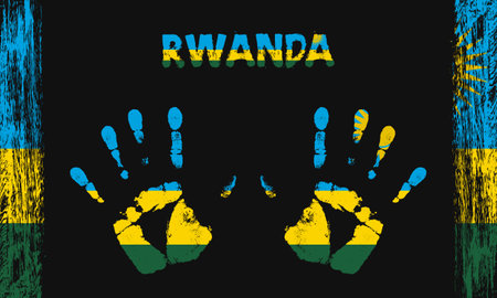 Vector flag of Rwanda in the form of peaceful palms with text and brush strokes on a black background.のイラスト素材