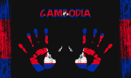 Vector flag of Cambodia in the form of peaceful palms with text and brush strokes on a black background.のイラスト素材