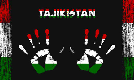 Vector flag of Tajikistan in the form of peaceful palms with text and brush strokes on a black background.のイラスト素材
