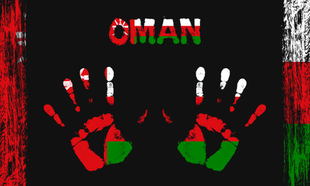 Vector flag of Oman in the form of peaceful palms with text and brush strokes on a black background.のイラスト素材