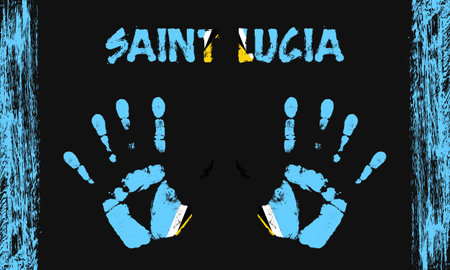 Vector flag of Saint Lucia in the form of peaceful palms with text and brush strokes on a black background.のイラスト素材
