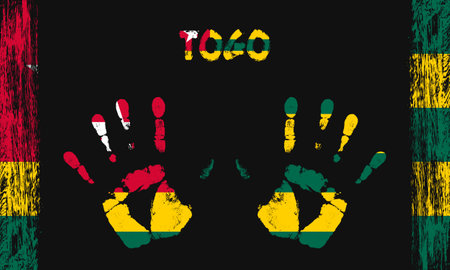 Vector flag of Togo in the form of peaceful palms with text and brush strokes on a black background.のイラスト素材