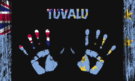 Vector flag of Tuvalu in the form of peaceful palms with text and brush strokes on a black background.のイラスト素材