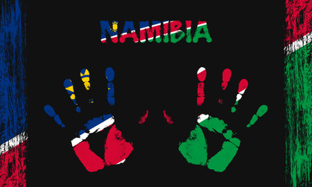 Vector flag of Namibia in the form of peaceful palms with text and brush strokes on a black background.のイラスト素材