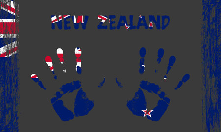 Vector flag of New Zealand in the form of peaceful palms with text and brush strokes on a black background.のイラスト素材