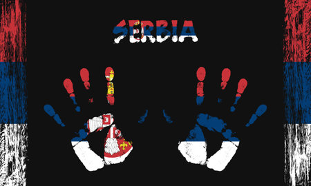 Vector flag of Serbia in the form of peaceful palms with text and brush strokes on a black background.のイラスト素材