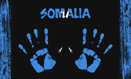 Vector flag of Somalia in the form of peaceful palms with text and brush strokes on a black background.のイラスト素材