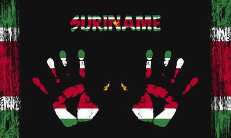 Vector flag of Suriname in the form of peaceful palms with text and brush strokes on a black background.のイラスト素材