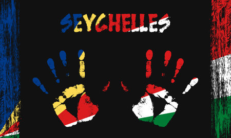 Vector flag of Seychelles in the form of peaceful palms with text and brush strokes on a black background.のイラスト素材