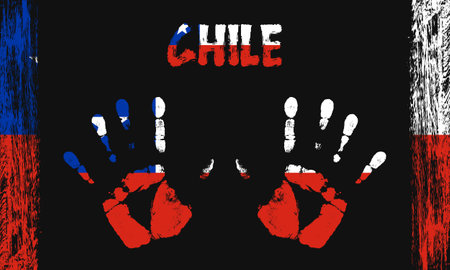Vector flag of Chile in the form of peaceful palms with text and brush strokes on a black background.のイラスト素材