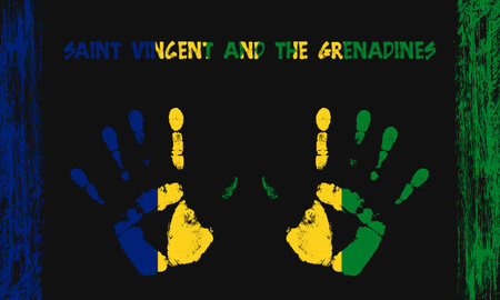 Vector flag of Saint Vincent and the Grenadines in the form of peaceful palms with text and brush strokes on a black background.のイラスト素材