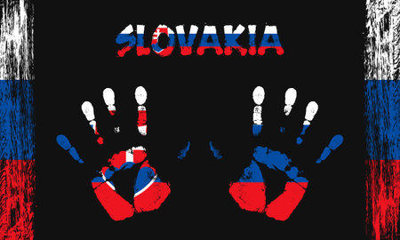 Vector flag of Slovakia in the form of peaceful palms with text and brush strokes on a black background.のイラスト素材