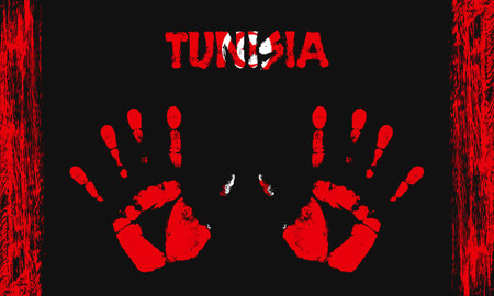 Vector flag of Tunisia in the form of peaceful palms with text and brush strokes on a black background.のイラスト素材