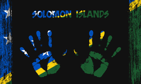 Vector flag of Solomon islands in the form of peaceful palms with text and brush strokes on a black background.のイラスト素材