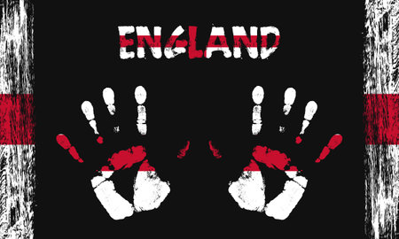 Vector flag of England in the form of peaceful palms with text and brush strokes on a black background.のイラスト素材