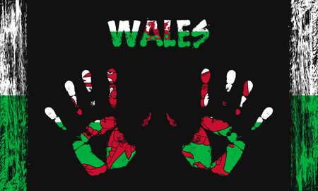 Vector flag of Wales in the form of peaceful palms with text and brush strokes on a black background.のイラスト素材
