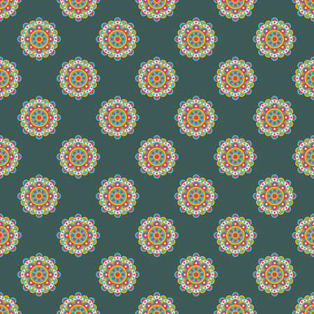 Abstract modern geometric flower pattern with polka dots on black background.のイラスト素材